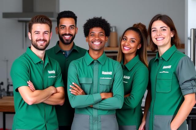 Équipe souriante de techniciens Lianes Vertes en uniforme, symbolisant la confiance et la qualité du service local.
